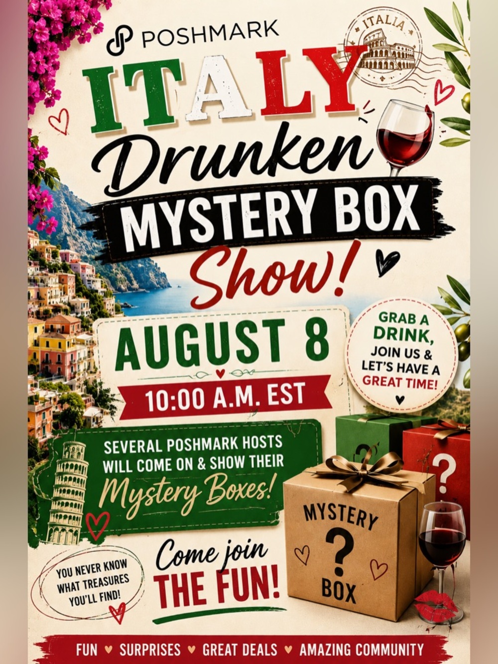 🇮🇹🍷 Poshmark Italy Drunken Mystery Box Show Starts at 10 am EST on Aug 8, 2026